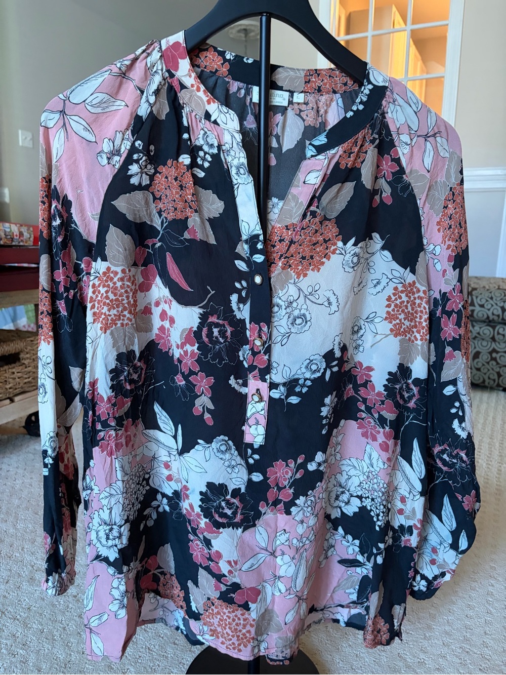 Spartina 449 Black, Pink & Cream Floral Button-Front Blouse
